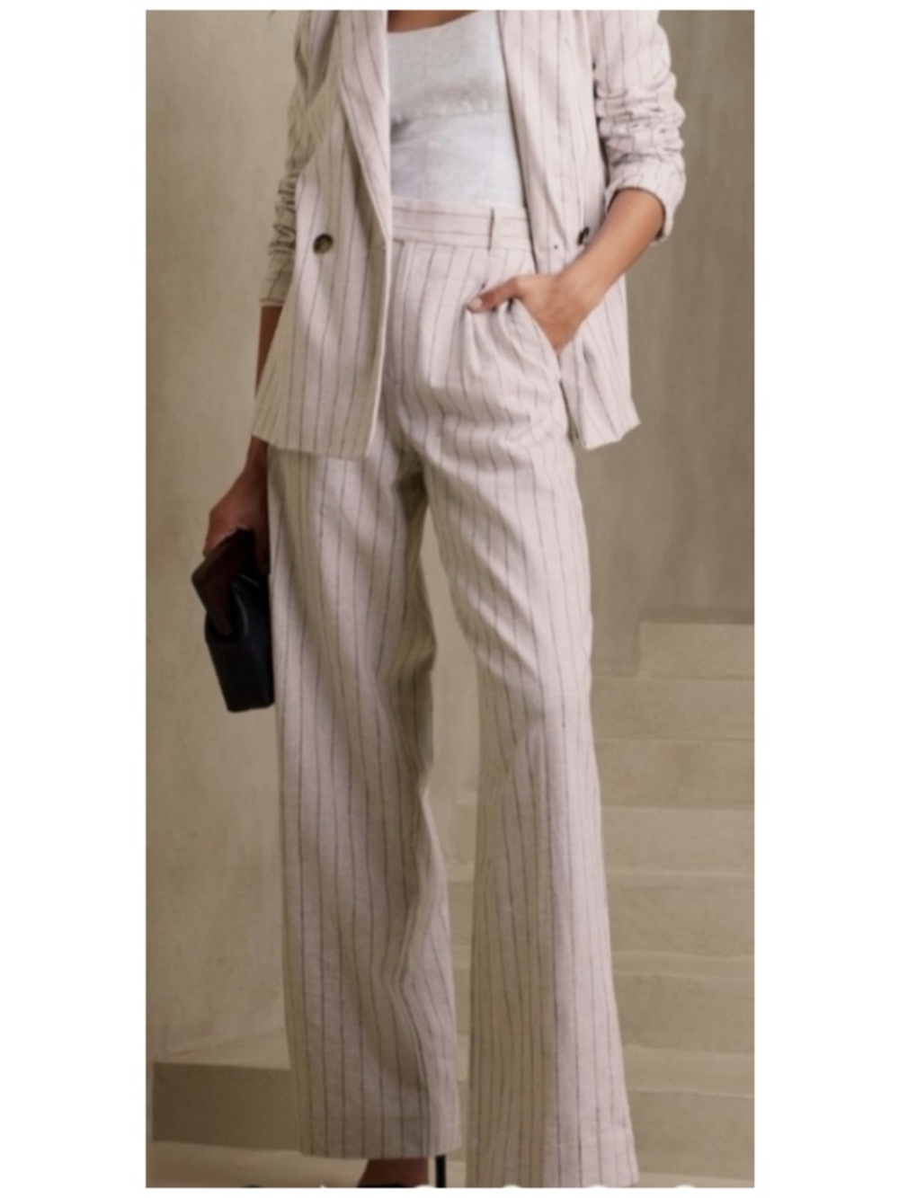 BANANA REPUBLIC Women Size 16 Natural Stripe Linen-Blend High Rise Wide-Leg Pant